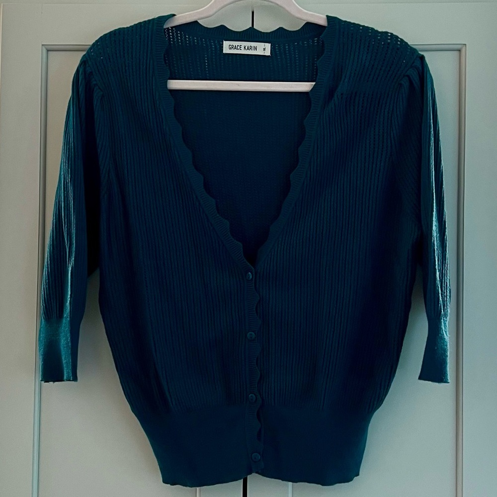 Grace Karin Teal Cropped 3/4 Sleeve Pointelle Knit Sweater, Size XL